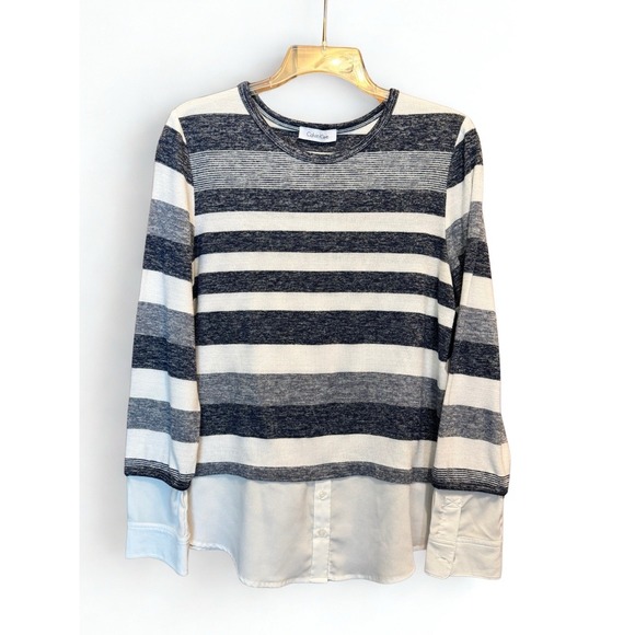 Calvin Klein Women's Striped Knit Sweater Shirt Combo Top Size s Blue/white - Picture 1 of 8